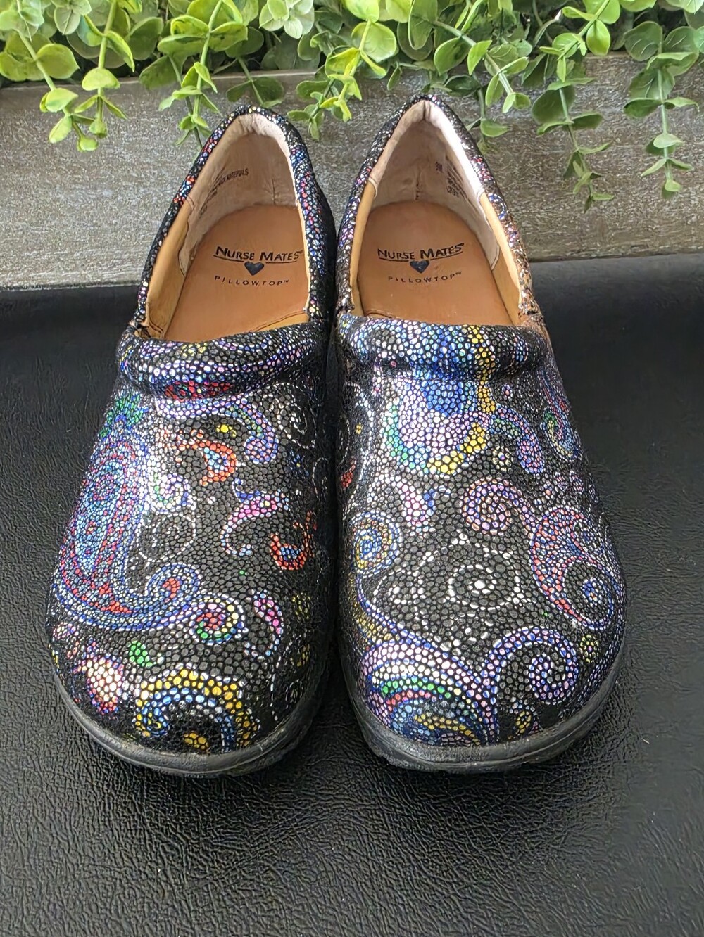 Nurse Mates Black Multicolor Mosaic Clogs PillowTop Shoes Women's Sz 9